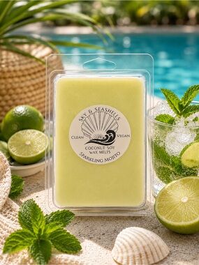 Hand Crafted “Sparkling Mojito” Scented Wax Melts - Coconut Soy Wax - Seashells